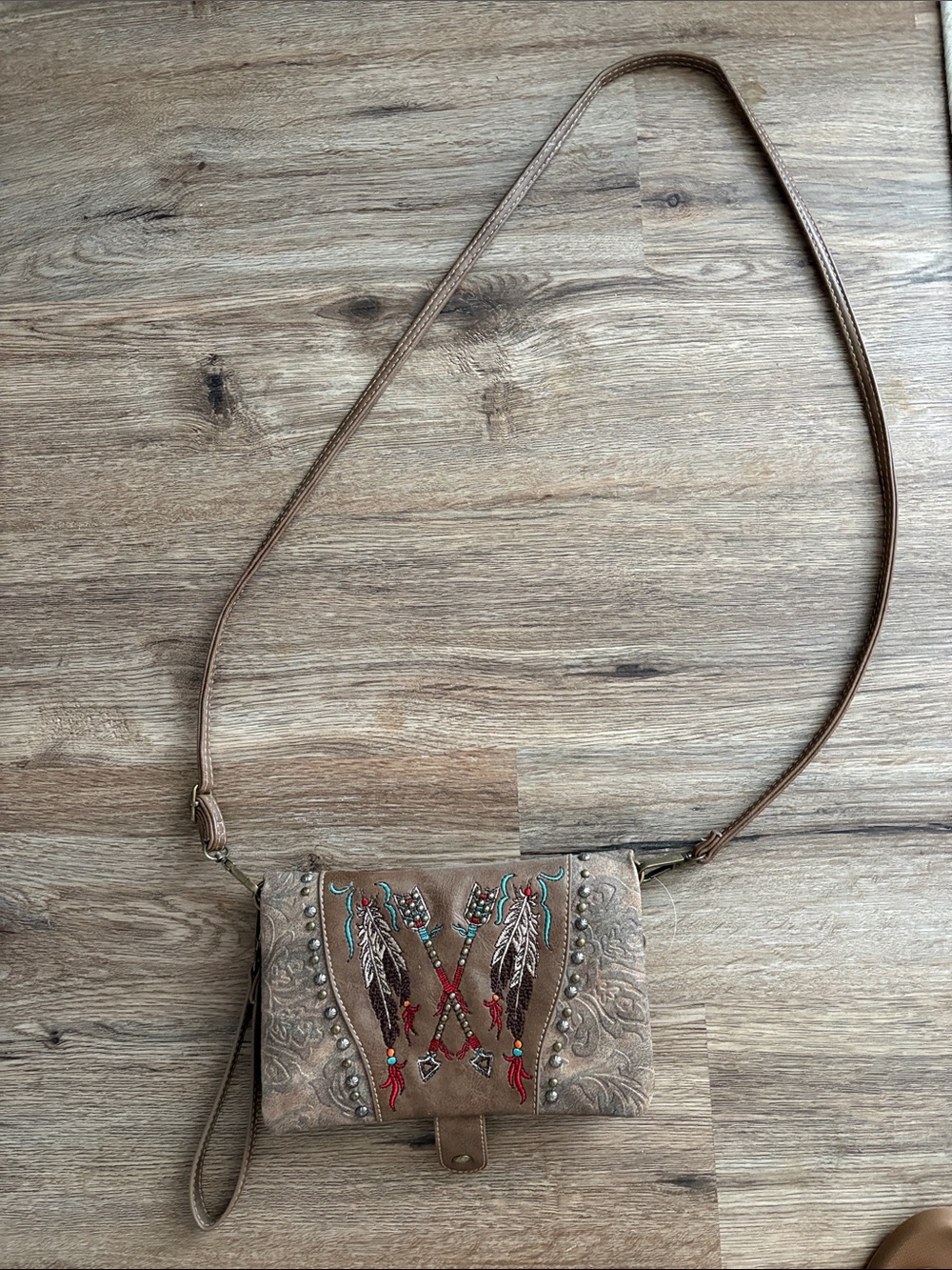 Embroidered Feather Tan Crossbody Bag with Stud Accents